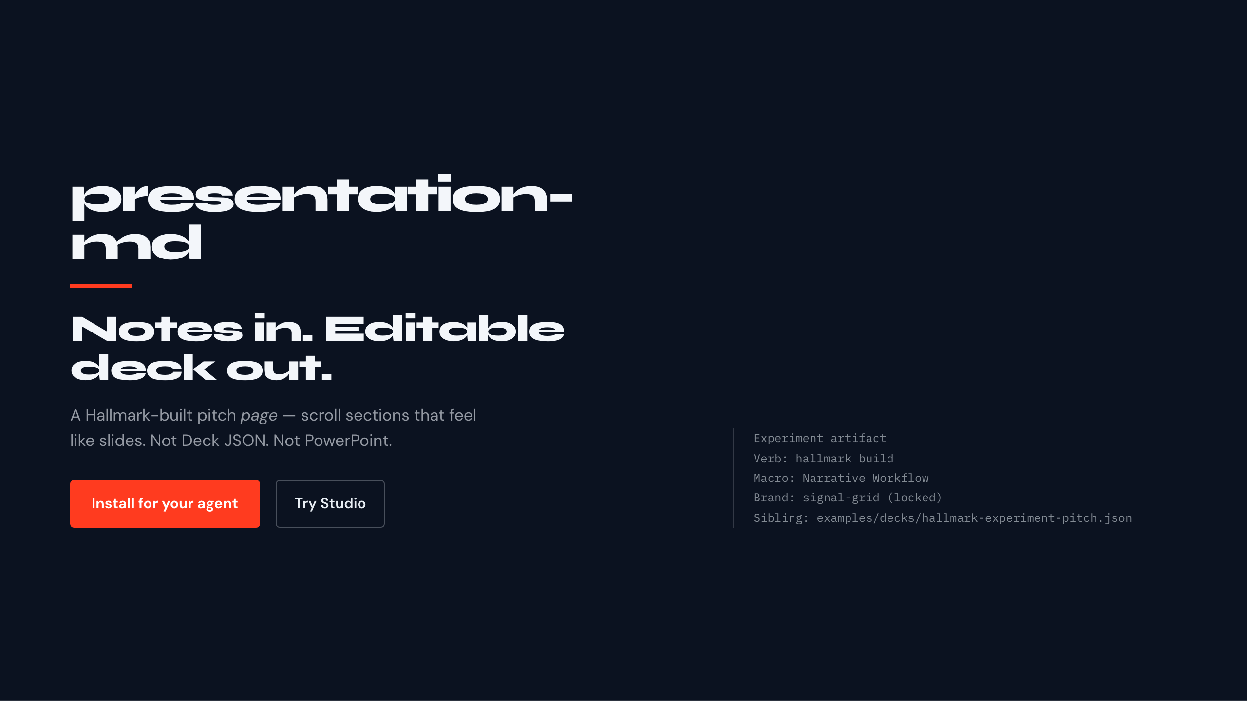 Hallmark-built pitch page DNA — scroll sections, not Deck JSON
